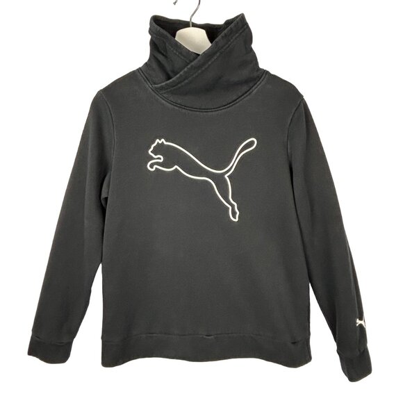 Puma Sweatshirt Women Medium Black Asymmetrical Cowl Neck Fleece Logo Pullover - Picture 1 of 13
